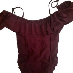 Burgundy Wine Ruffled Cinched Swimsuit - size S/M